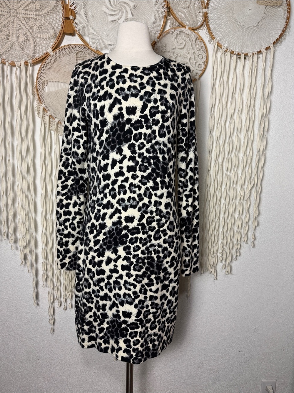 Minnie Rose Black and Gray Leopard Cotton Blend Sweater Dress Size L